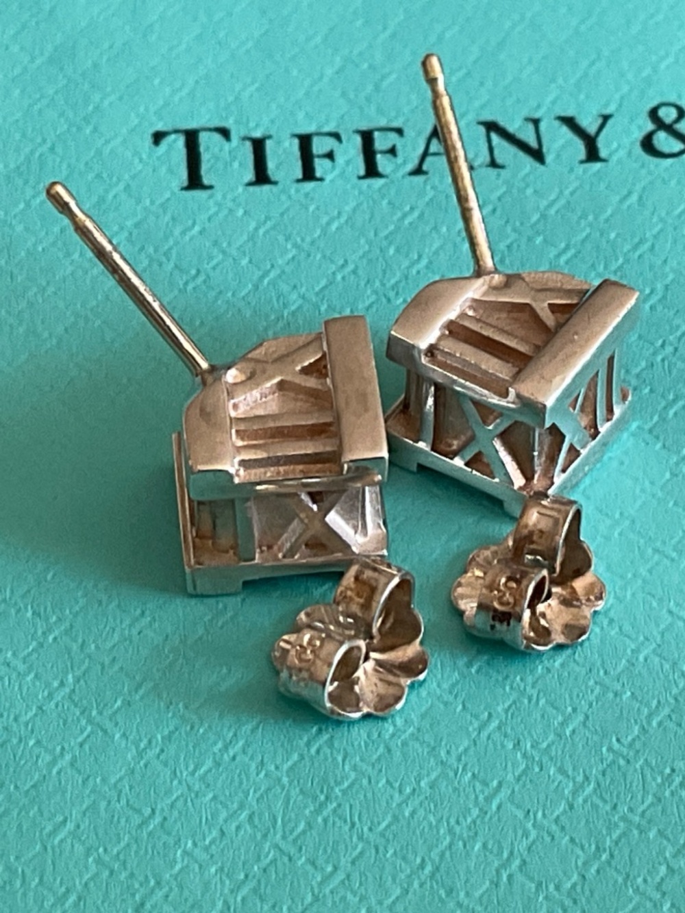 Tiffany & Co. Sterling Silver Roman Numeral IX Stud Earrings on Tiffany Blue - Picture 5 of 8